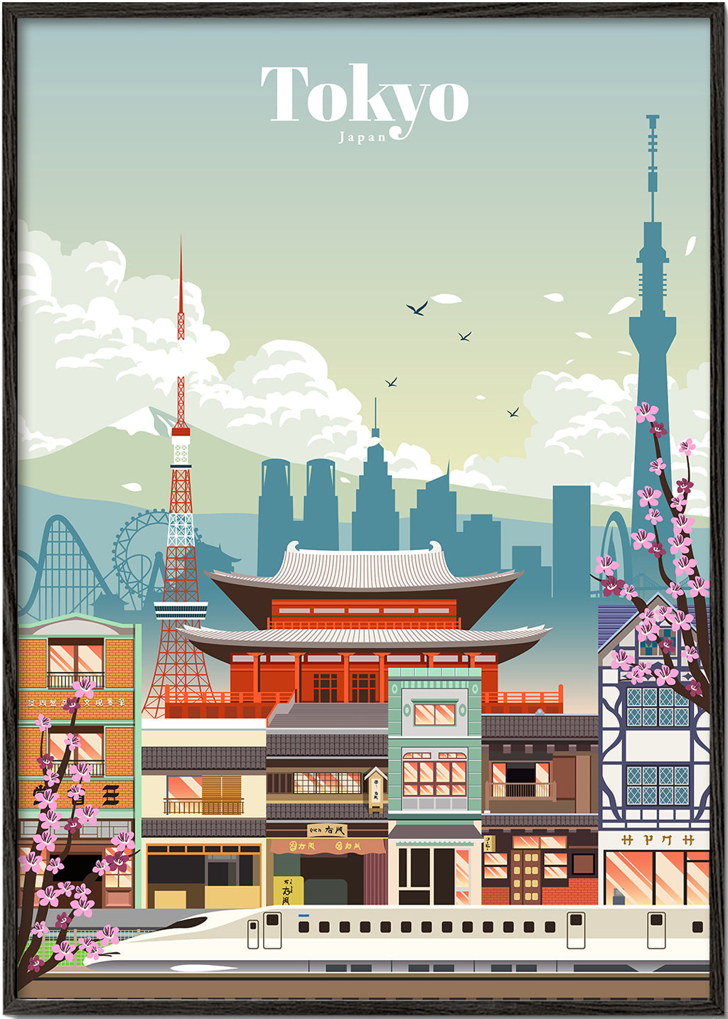 Tokyo city poster with temple and shinkansen | Wall art, framed