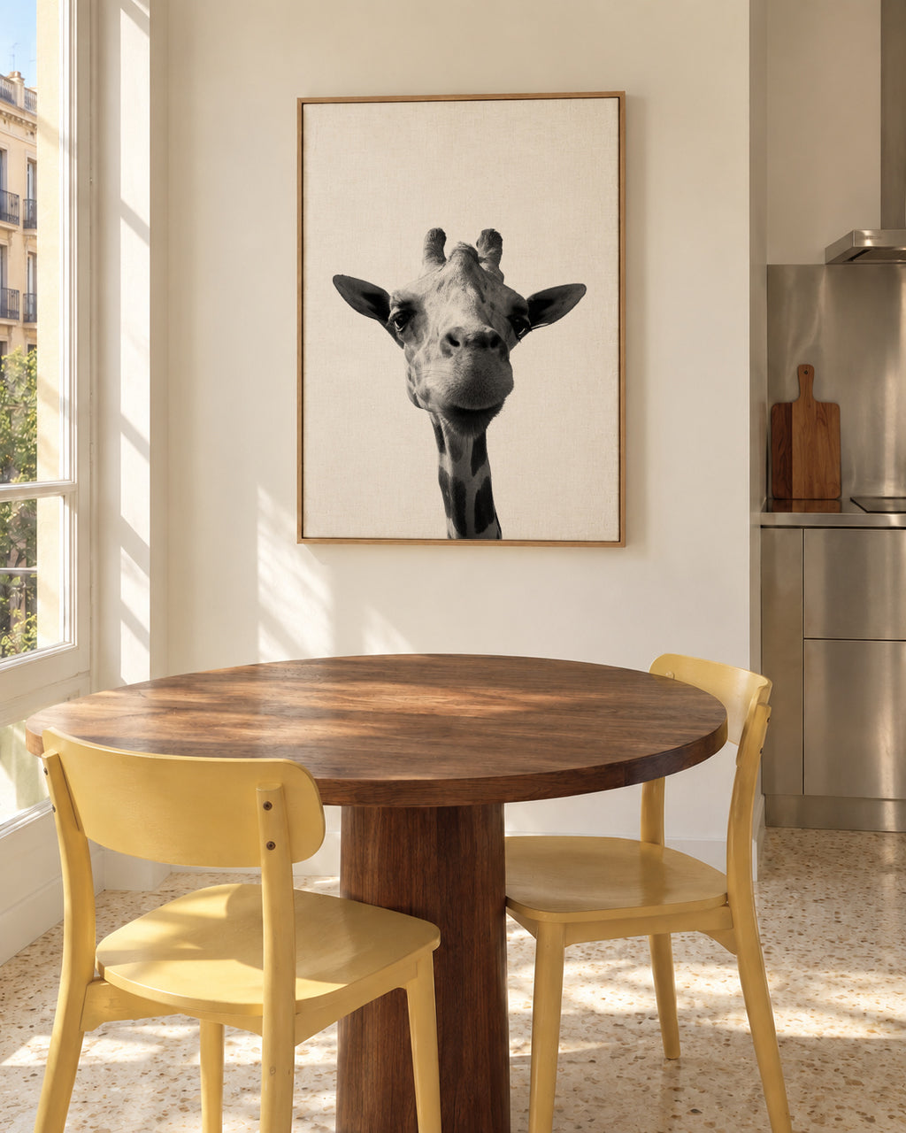 Happy giraffe - Framed canvas in an interior