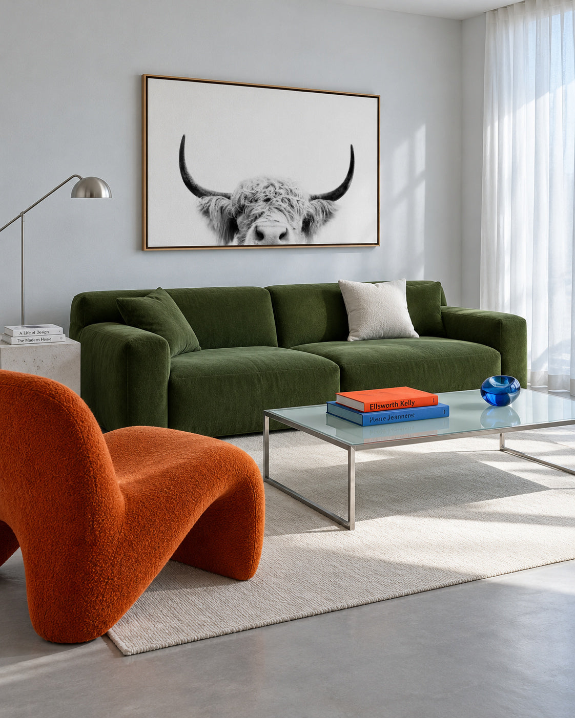 Peeking cow BW - Framed canvas in an interior