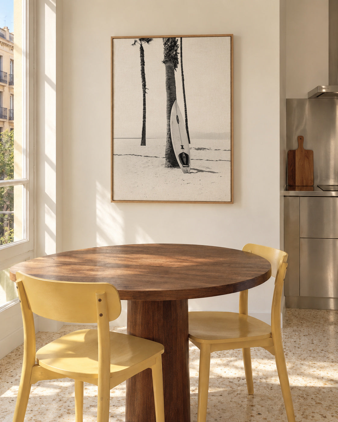 Surfboard BW - Framed canvas in an interior