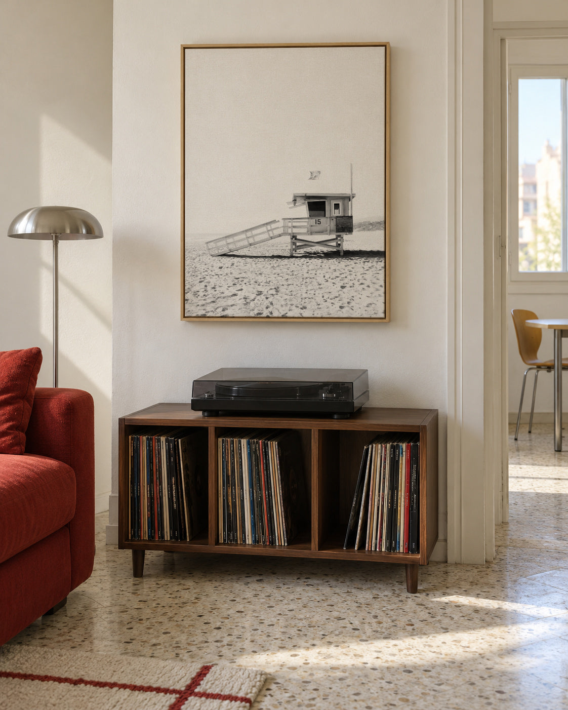 Beach hut BW - Framed canvas in an interior