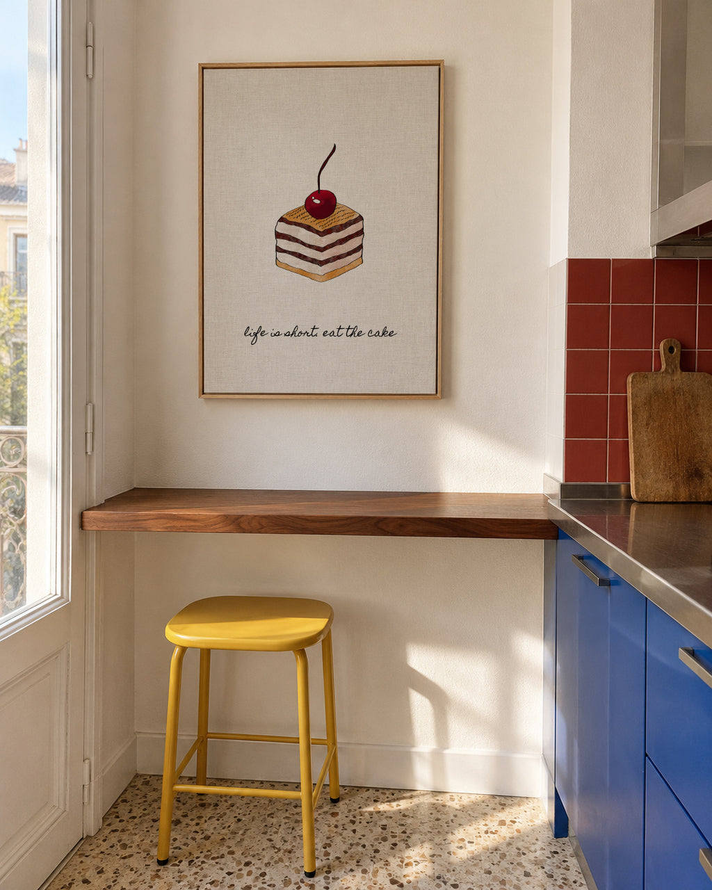 Life is short. Eat the cake - Framed canvas in an interior