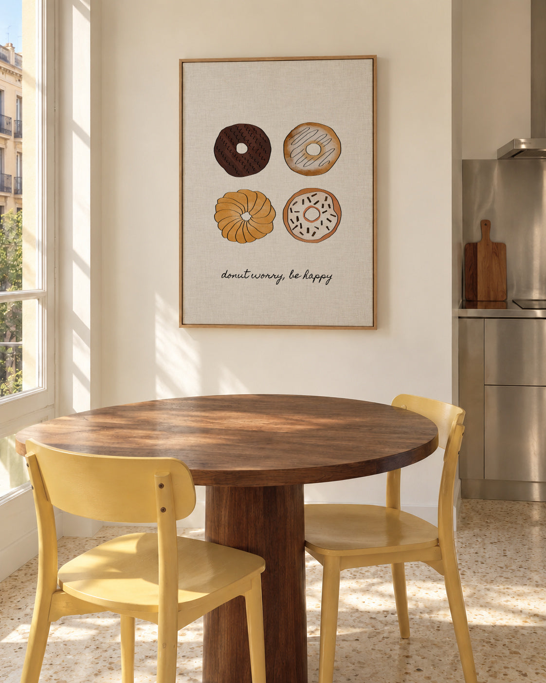 Donut worry. Be happy - Framed canvas in an interior