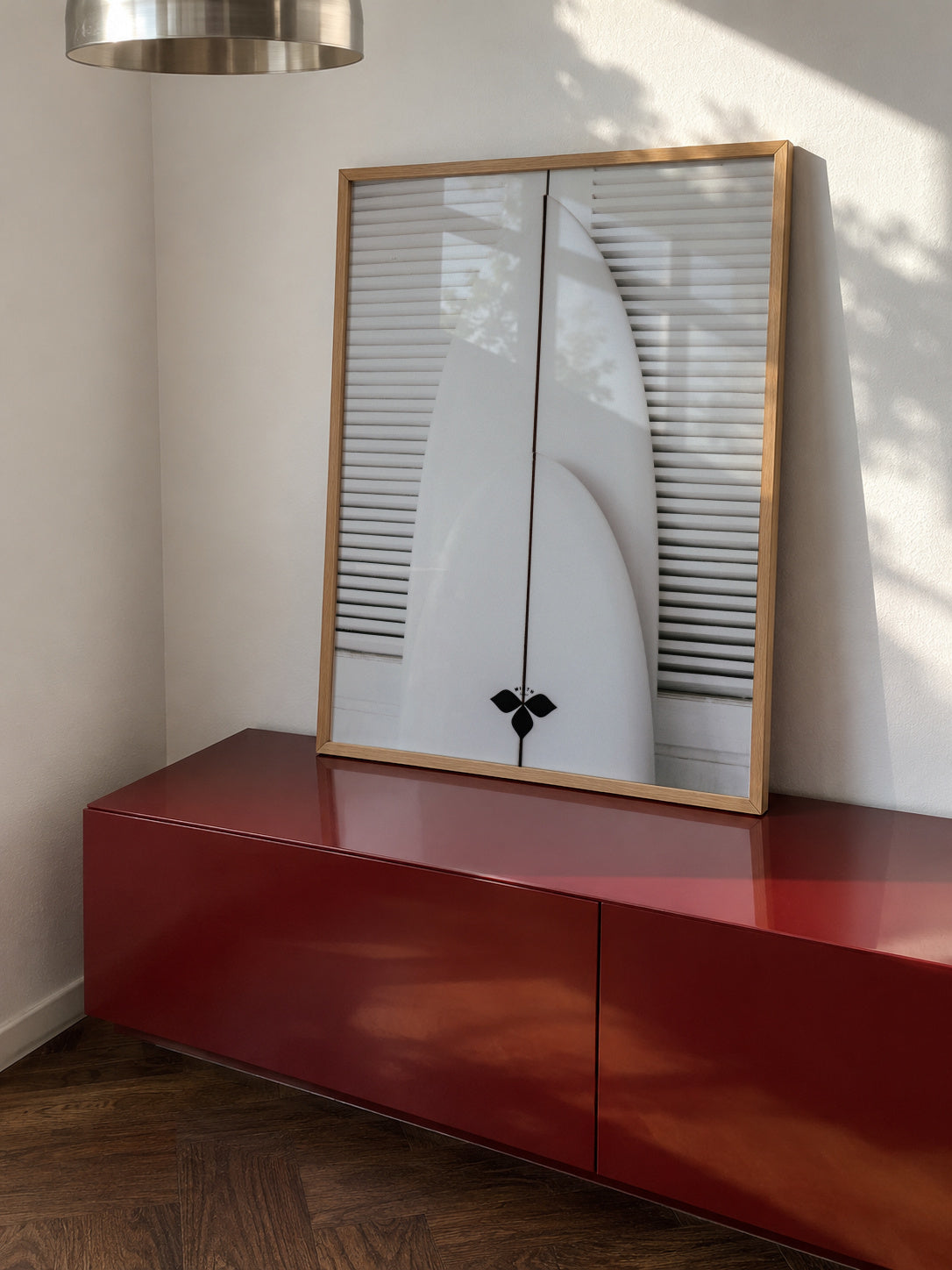 Beach surfboard symetrie 1 - Framed poster in an interior