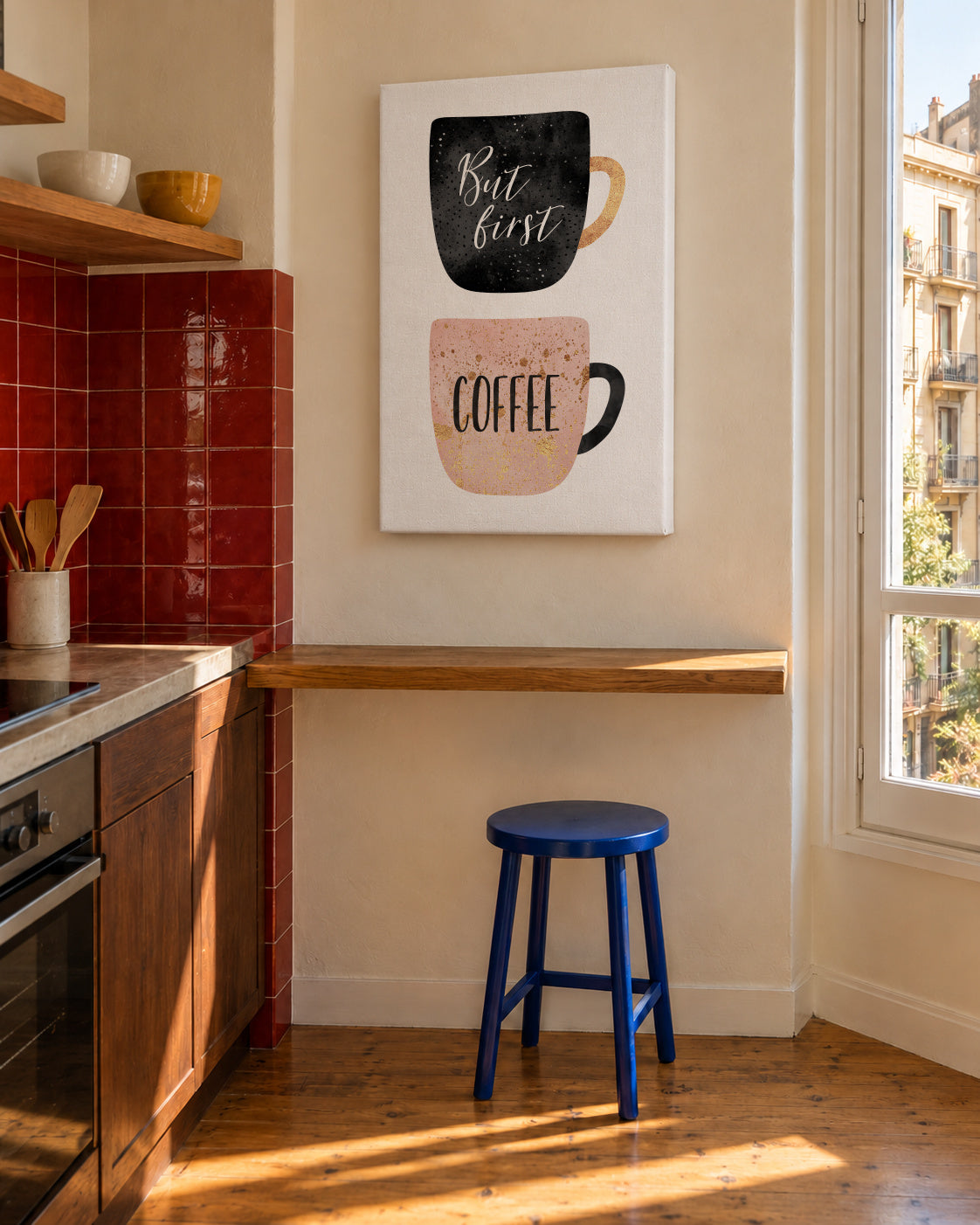 But first coffee - Unframed canvas in an interior