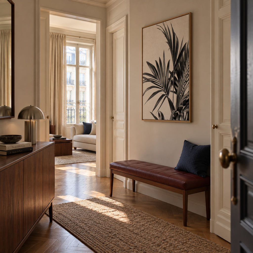 Palm Leaves Black and White 01 - Framed canvas in an interior