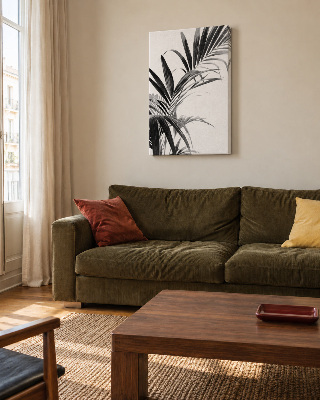 Palm Leaves Black and White 03 - Unframed canvas in an interior