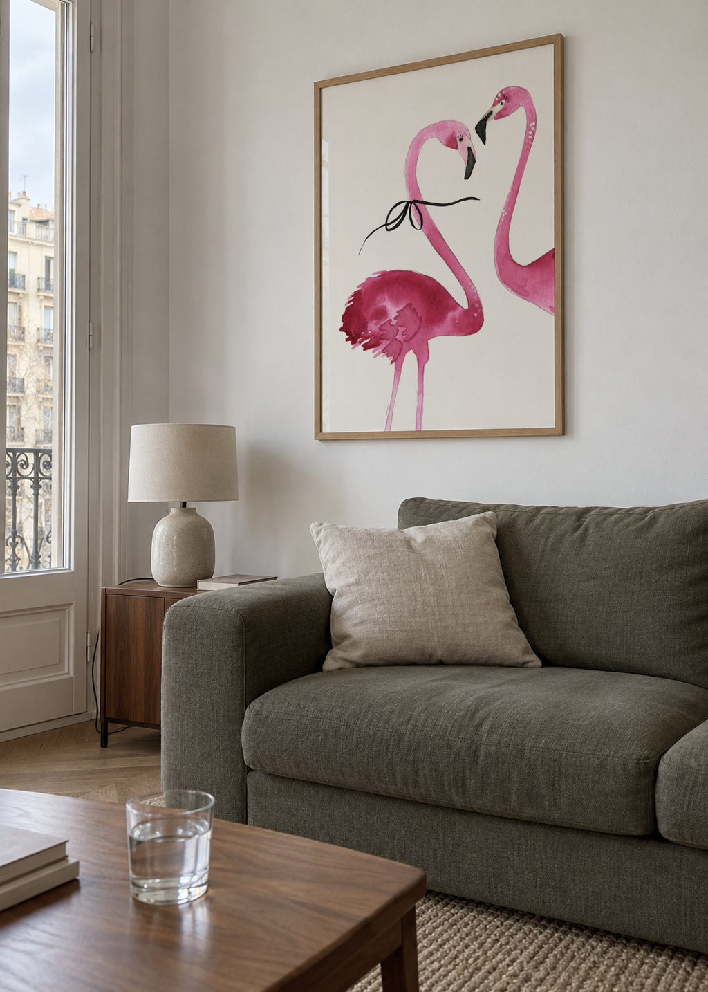 Flamingo couple cropped - Framed poster in an interior