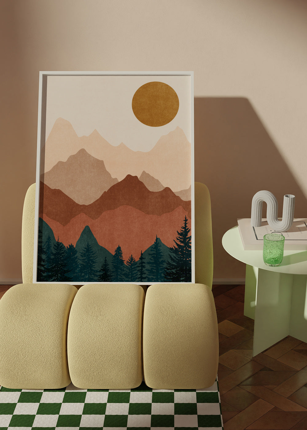 Sunset Peaks 2 - Framed poster in an interior