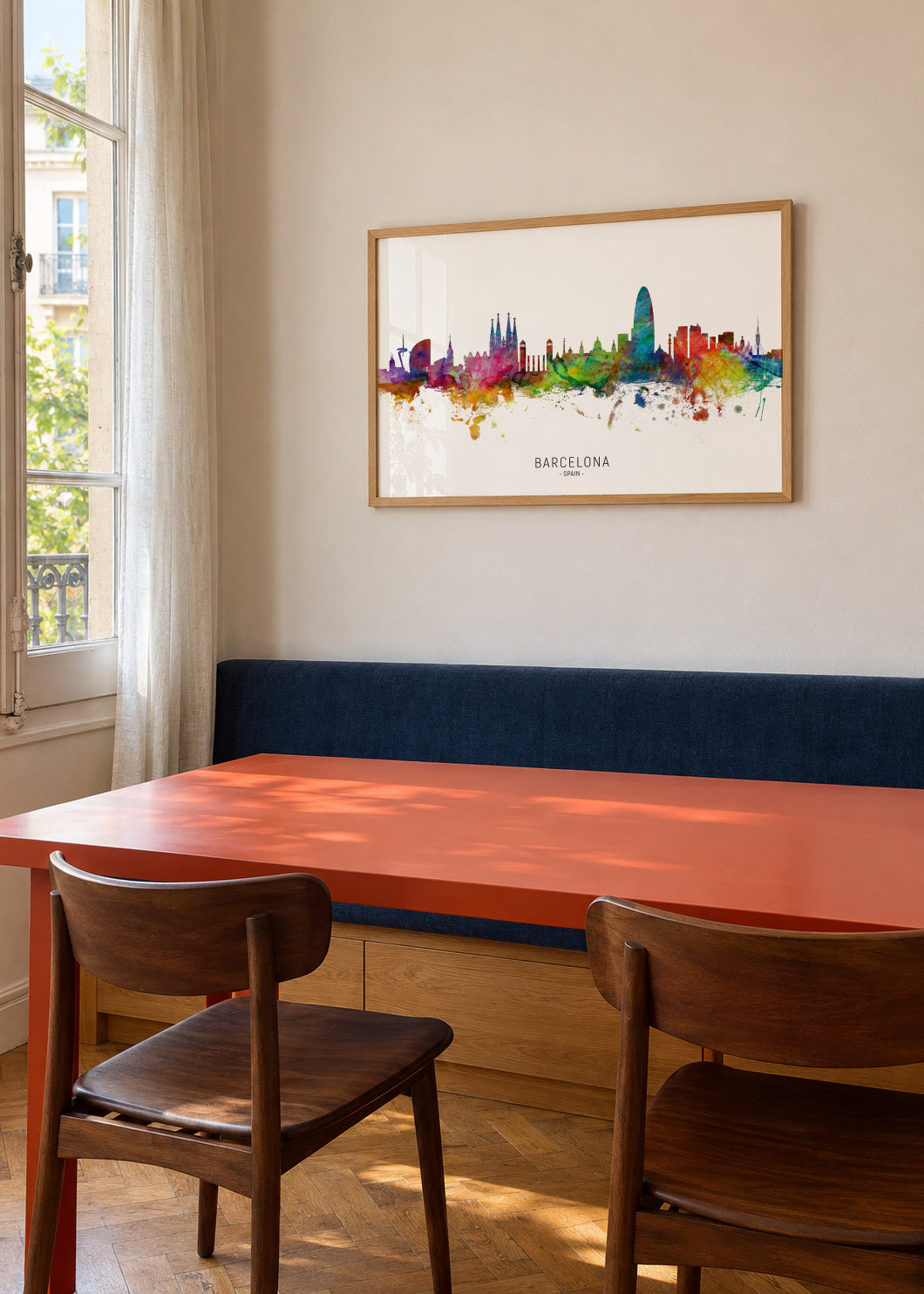 Barcelona Skyline multicolor - Framed poster in an interior