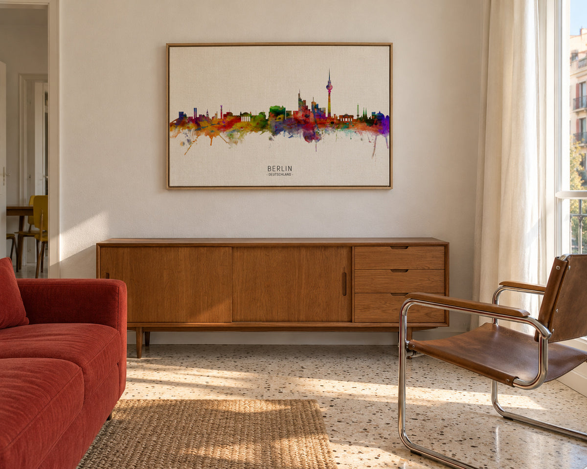 Berlin Skyline multicolor - Framed canvas in an interior