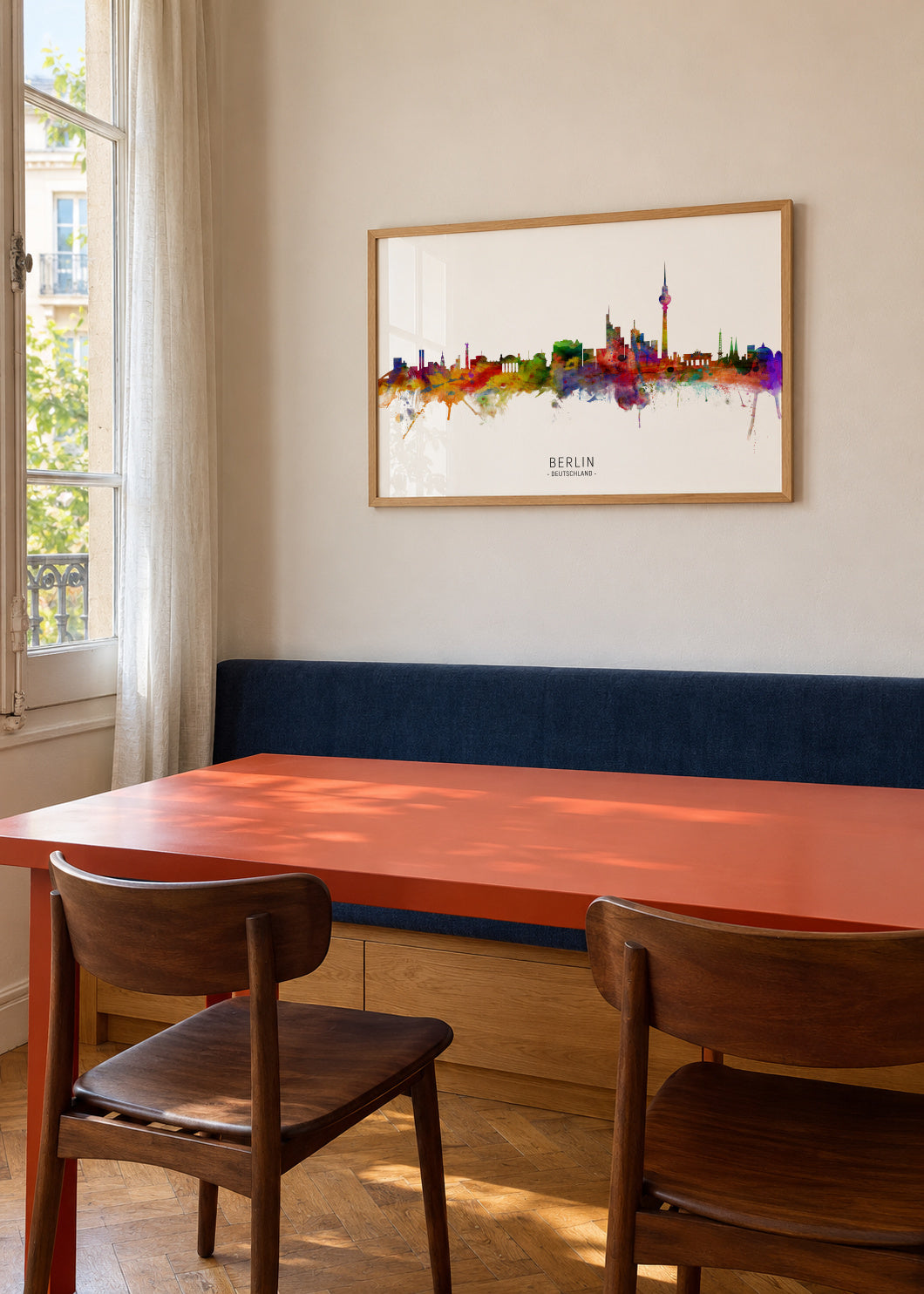 Berlin Skyline multicolor - Framed poster in an interior