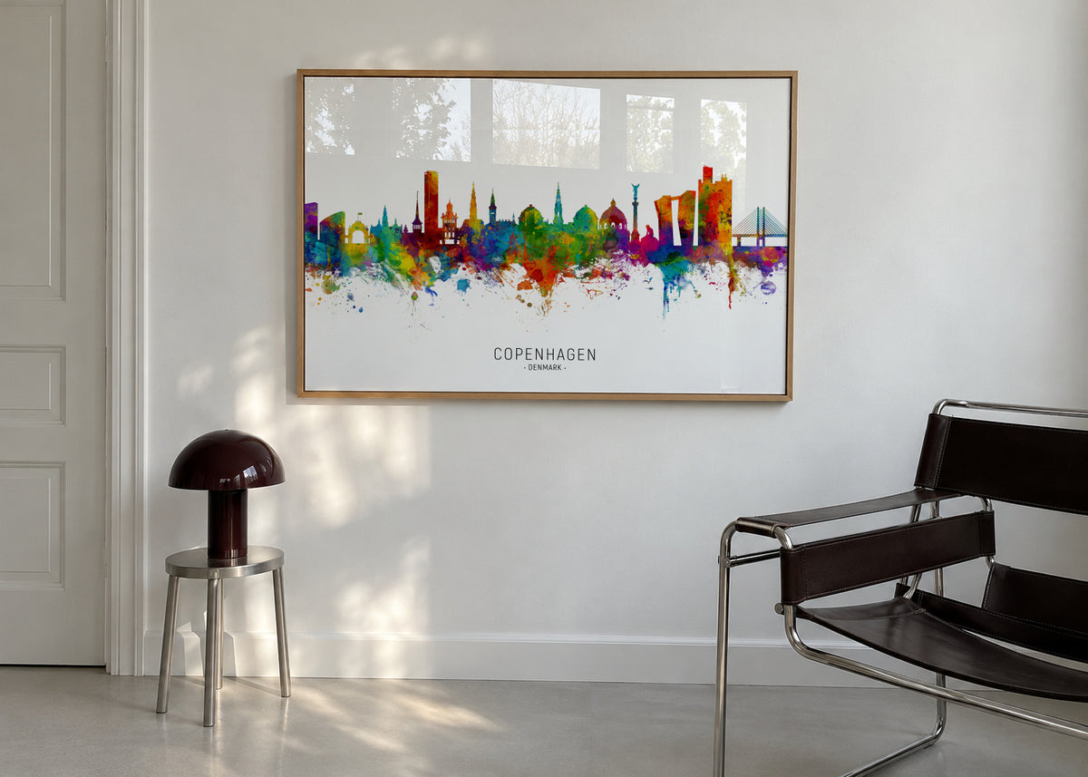 Copenhagen Skyline multicolor - Framed poster in an interior