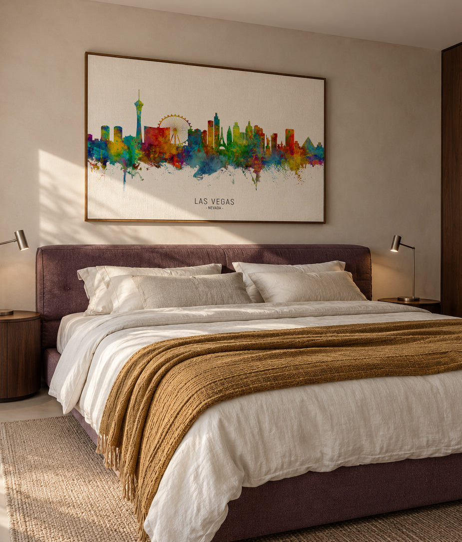 Las Vegas Skyline multicolor - Framed canvas in an interior