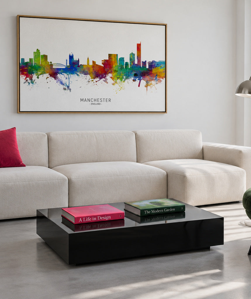 Manchester Skyline multicolor - Framed canvas in an interior