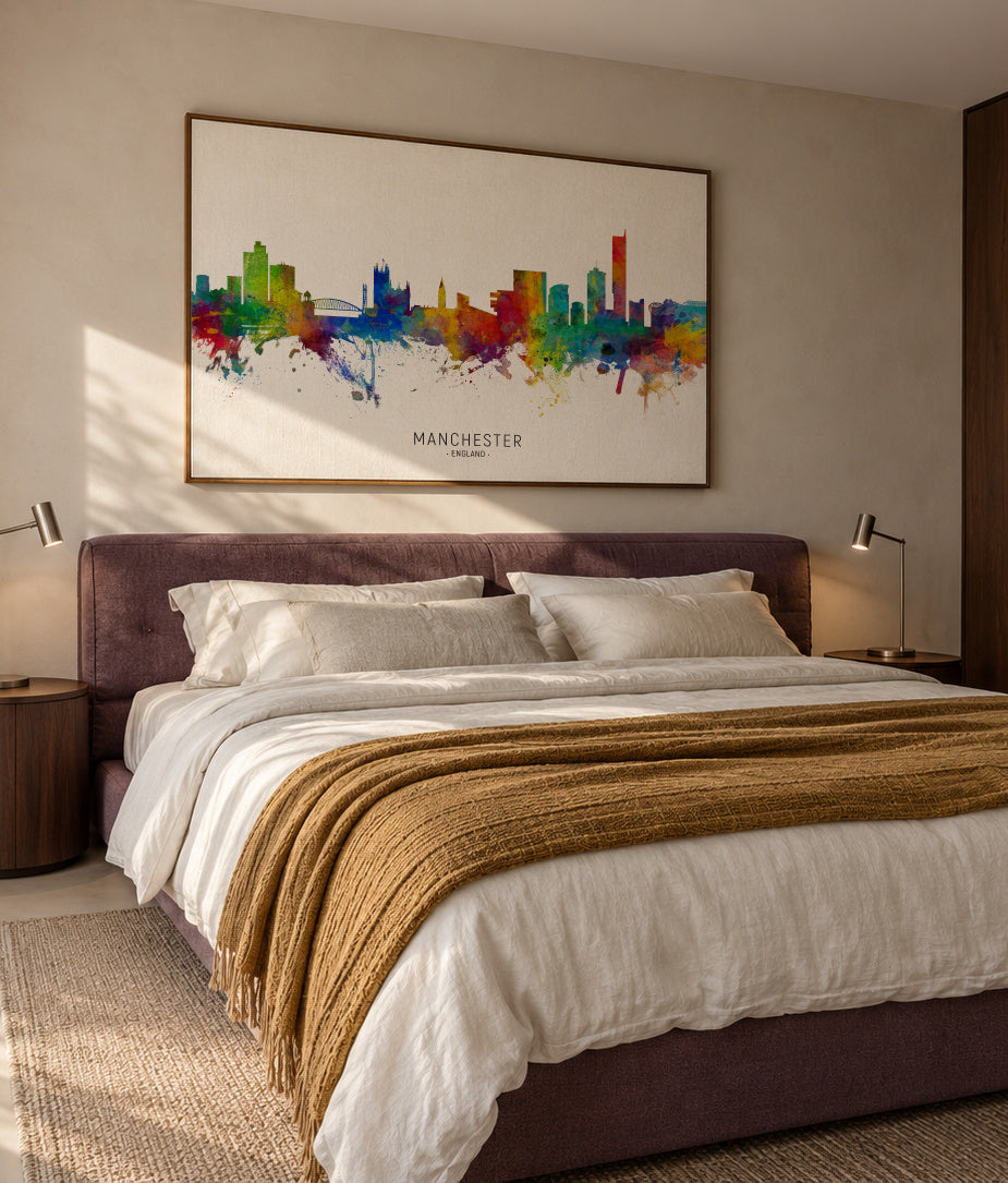 Manchester Skyline multicolor - Framed canvas in an interior