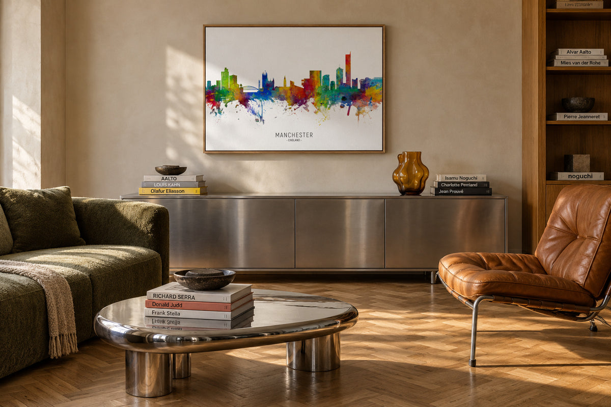 Manchester Skyline multicolor - Framed canvas in an interior