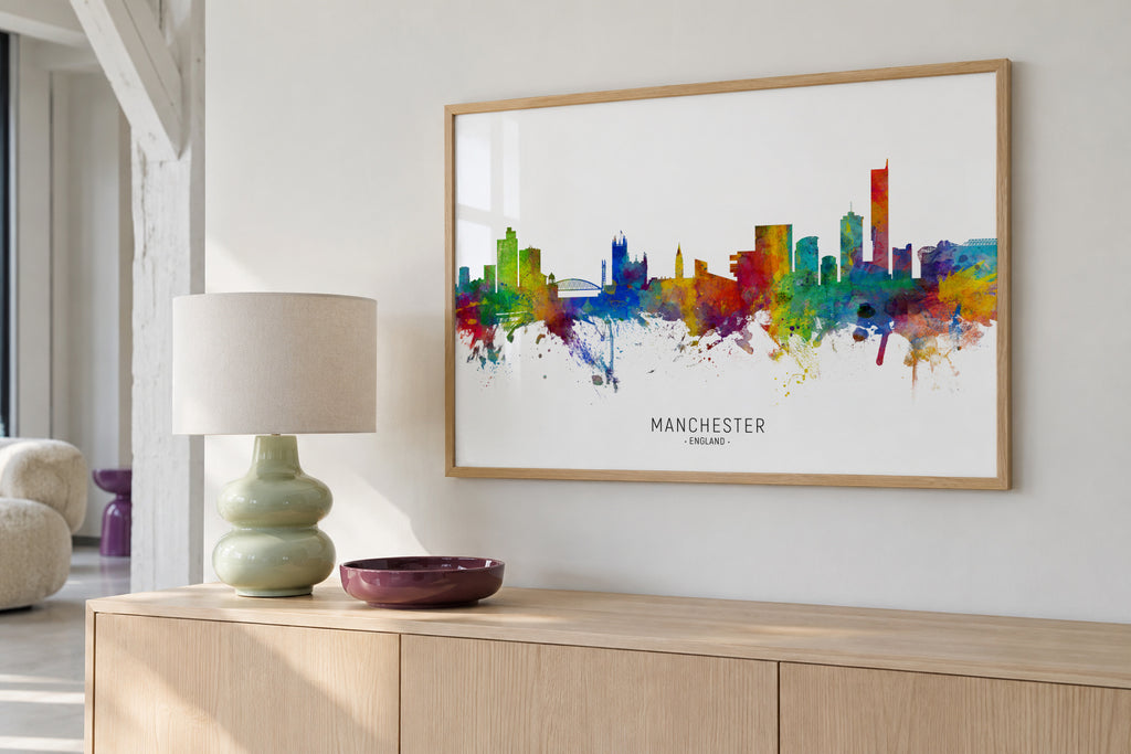 Manchester Skyline multicolor - Framed poster in an interior