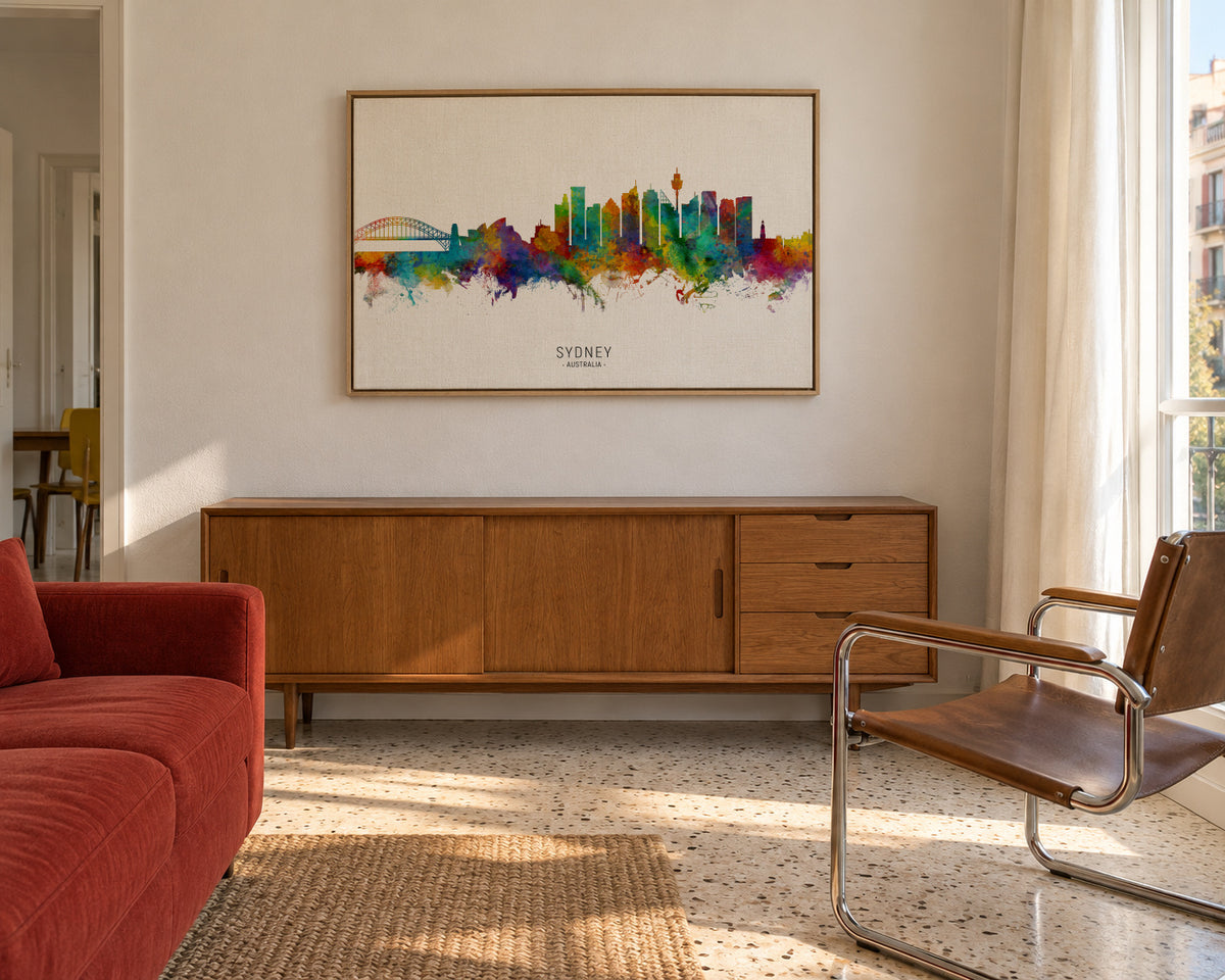 Sydney Skyline multicolor - Framed canvas in an interior