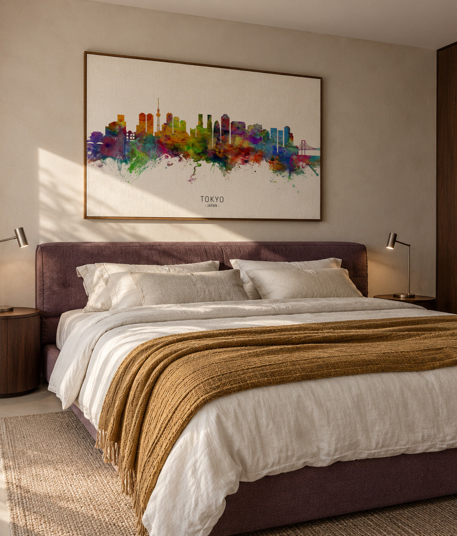 Tokyo Skyline multicolor - Framed canvas in an interior