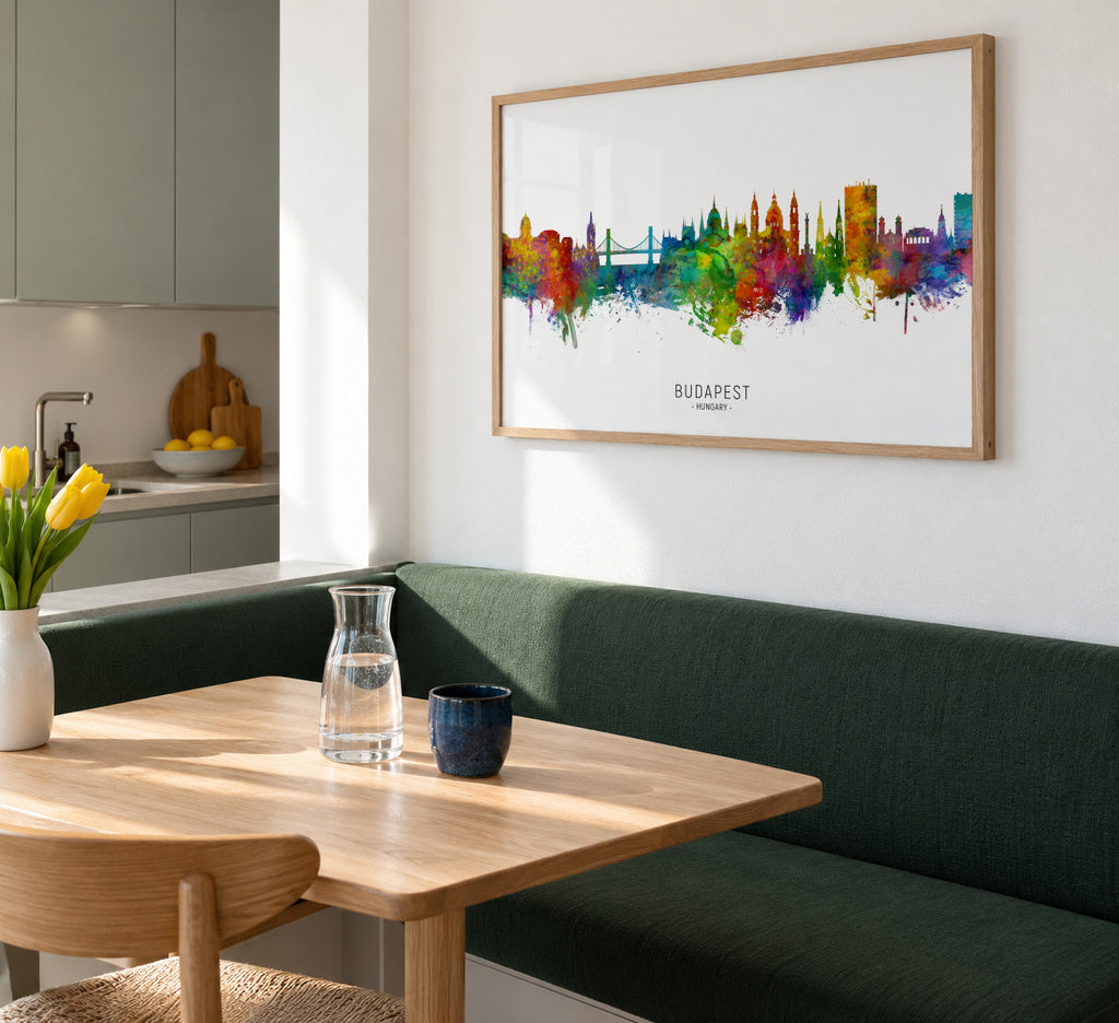 Budapest Skyline multicolor - Framed poster in an interior