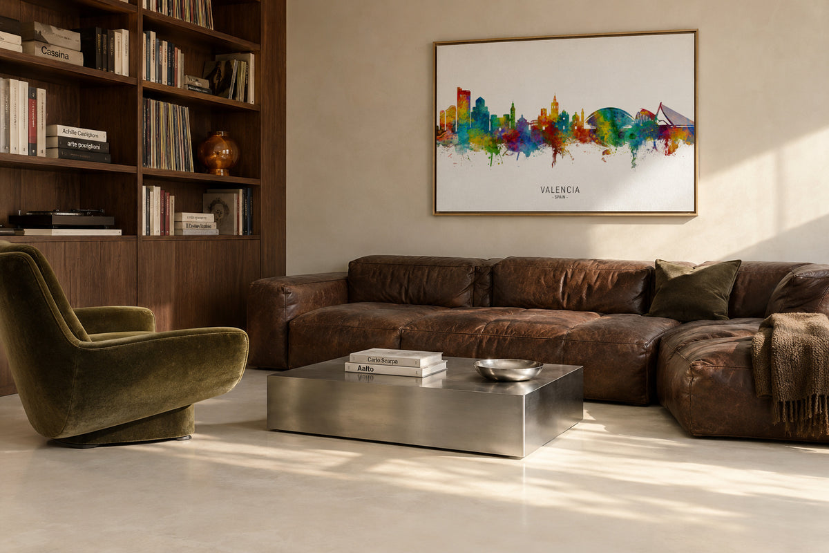 Valencia Skyline multicolor - Framed canvas in an interior