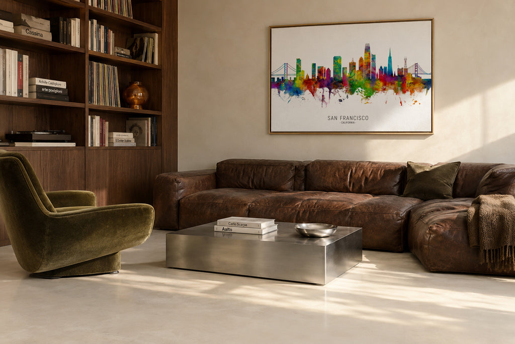 San Francisco Skyline multicolor - Framed canvas in an interior