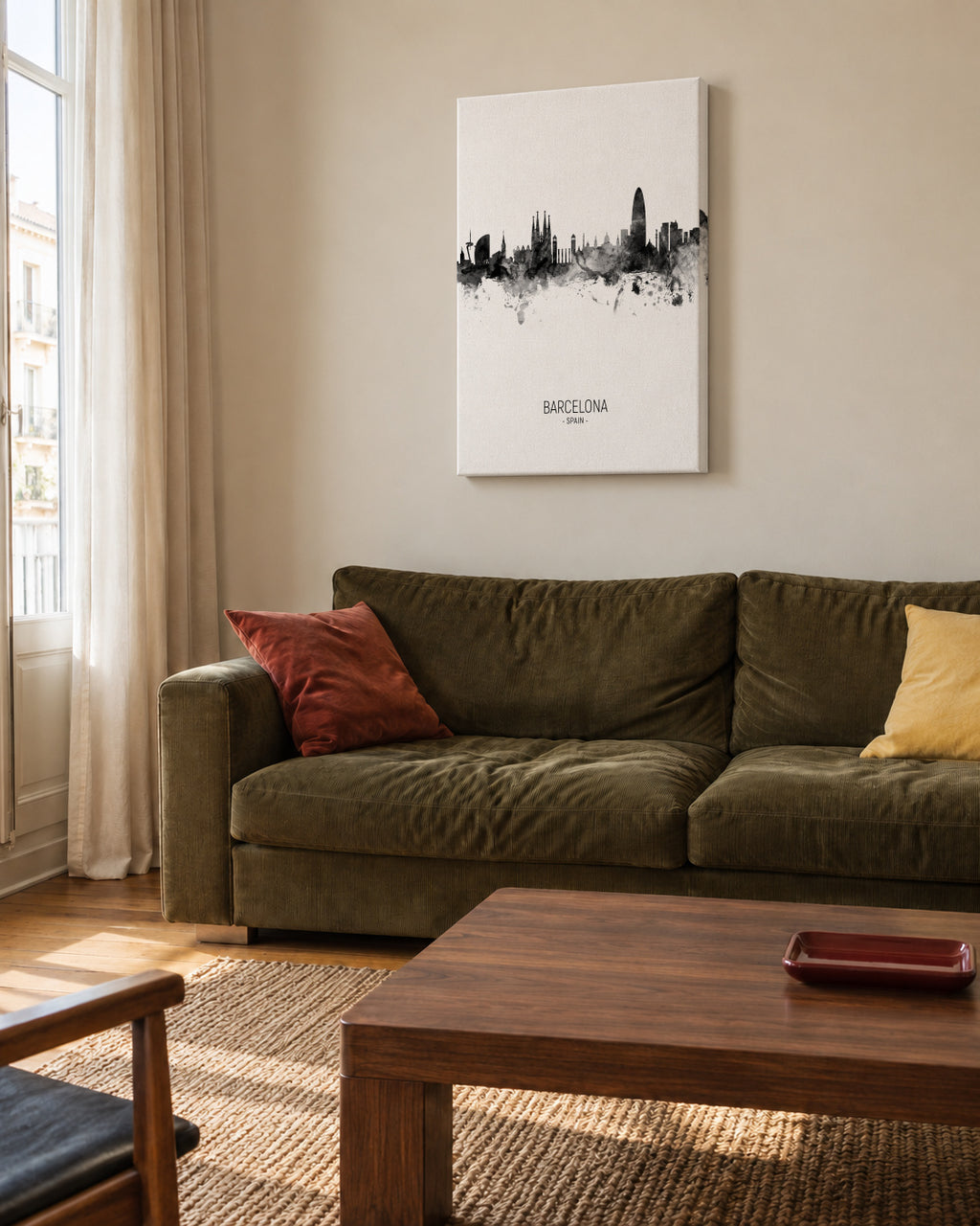 Barcelona Skyline en blanco y negro - Unframed canvas in an interior