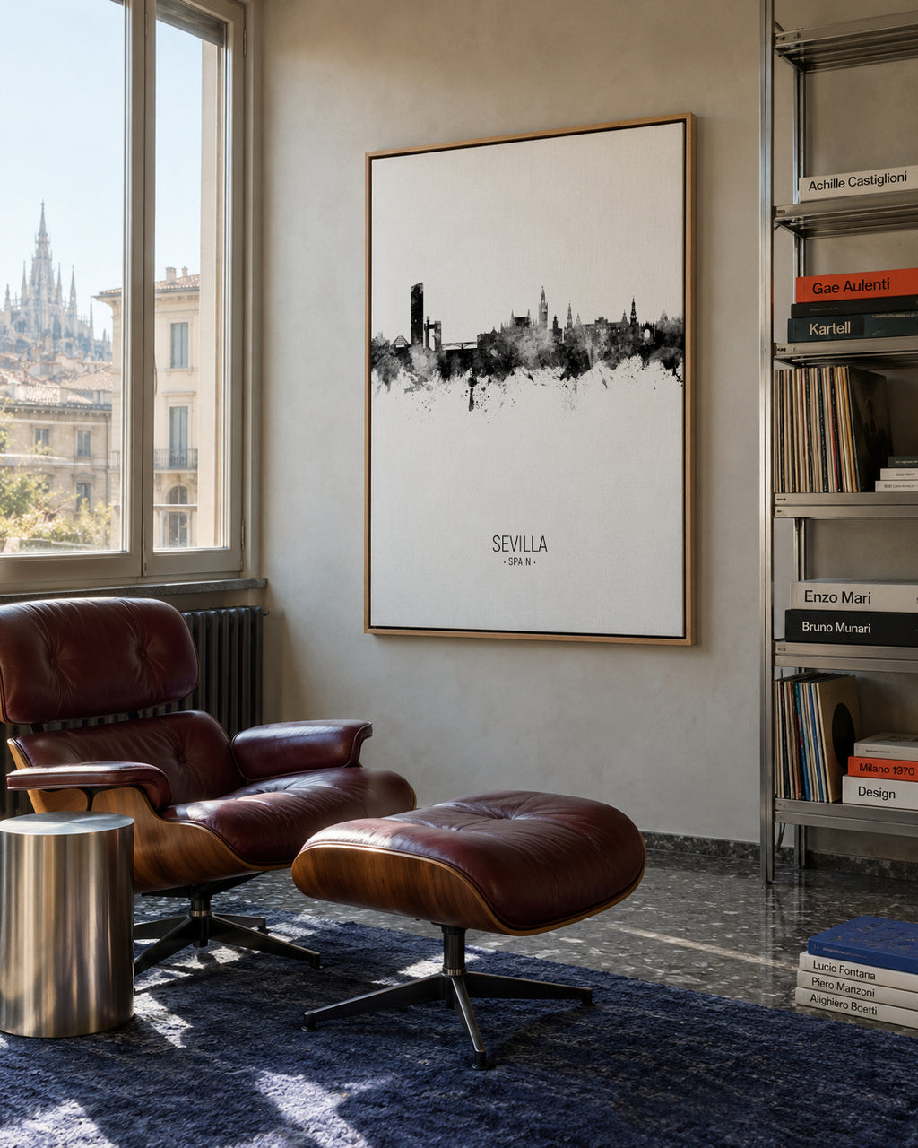 Sevilla Skyline en blanco y negro - Framed canvas in an interior
