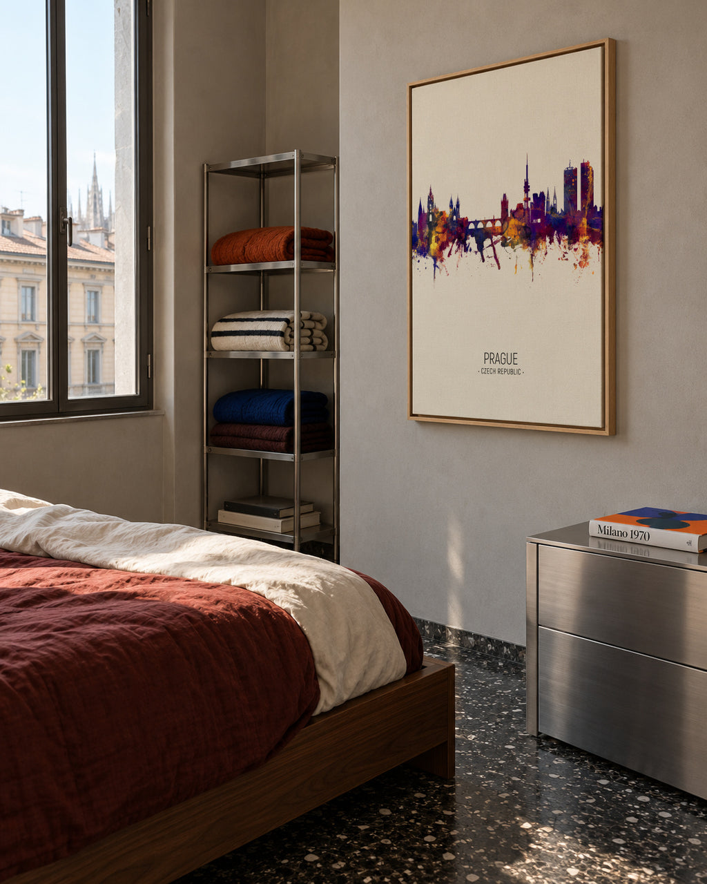 Prague Skyline en beige - Framed canvas in an interior