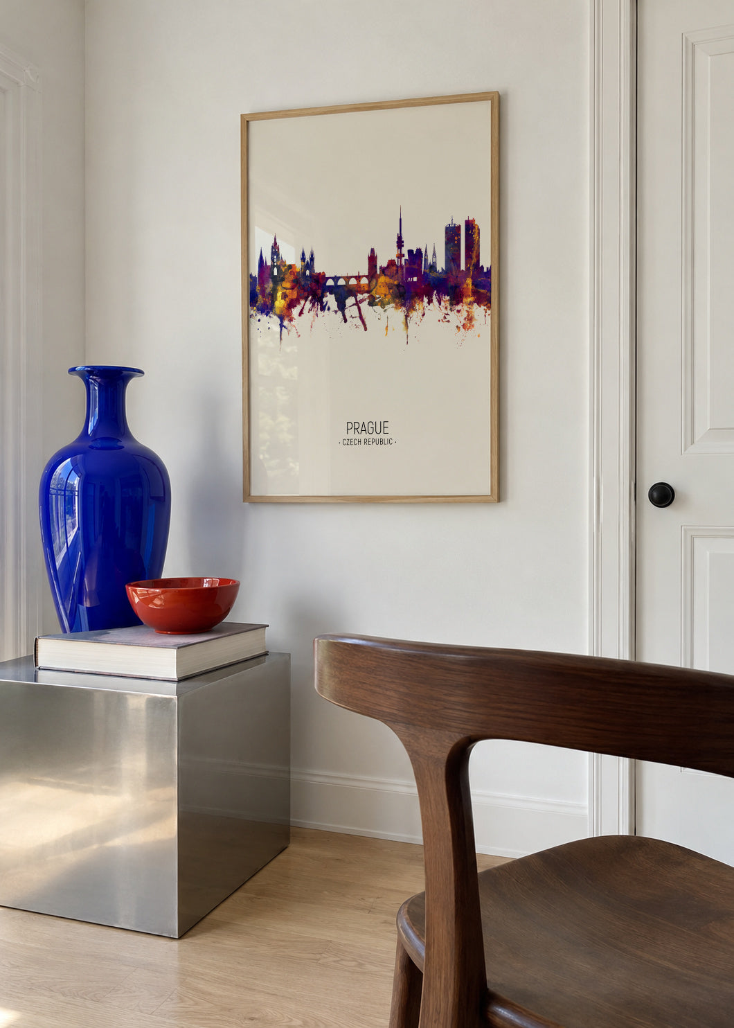 Prague Skyline en beige - Framed poster in an interior
