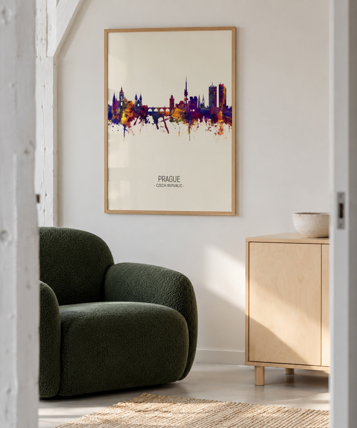 Prague Skyline en beige - Framed poster in an interior