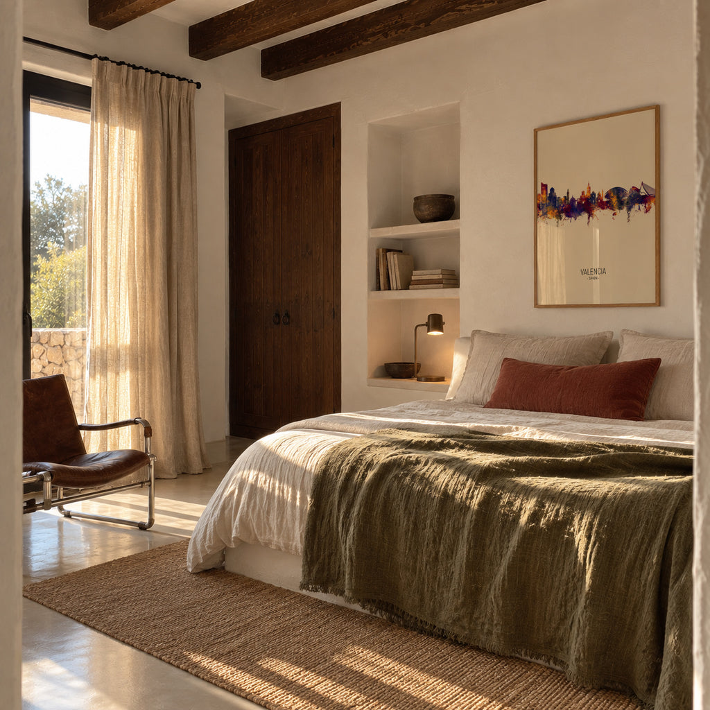 Valencia Skyline en beige - Framed poster in an interior