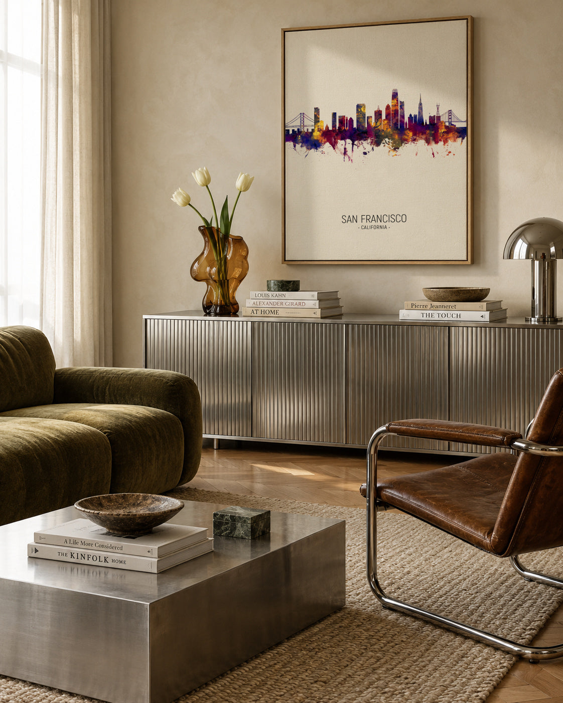 San Francisco Skyline en beige - Framed canvas in an interior
