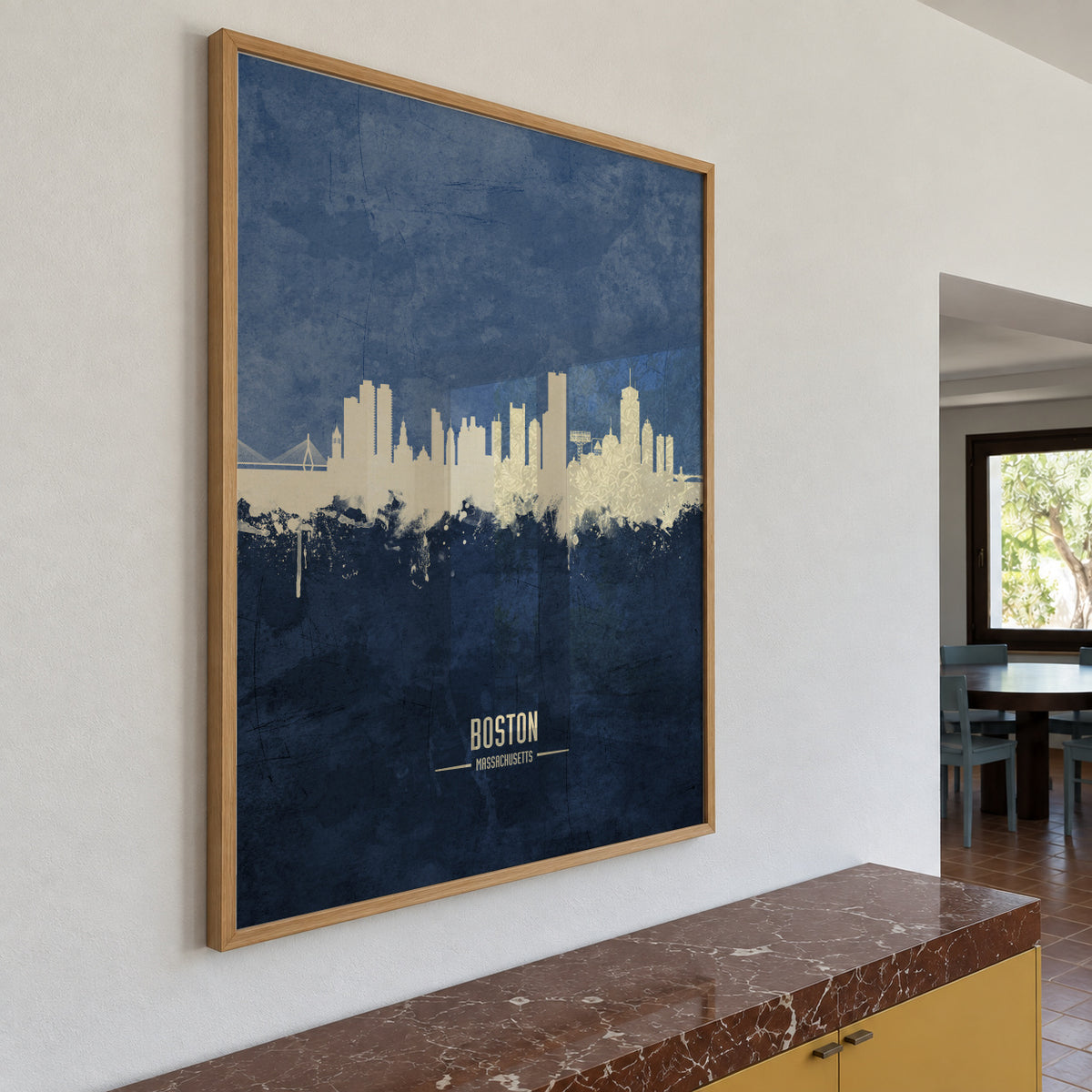 Boston Skyline Azul - Framed poster in an interior