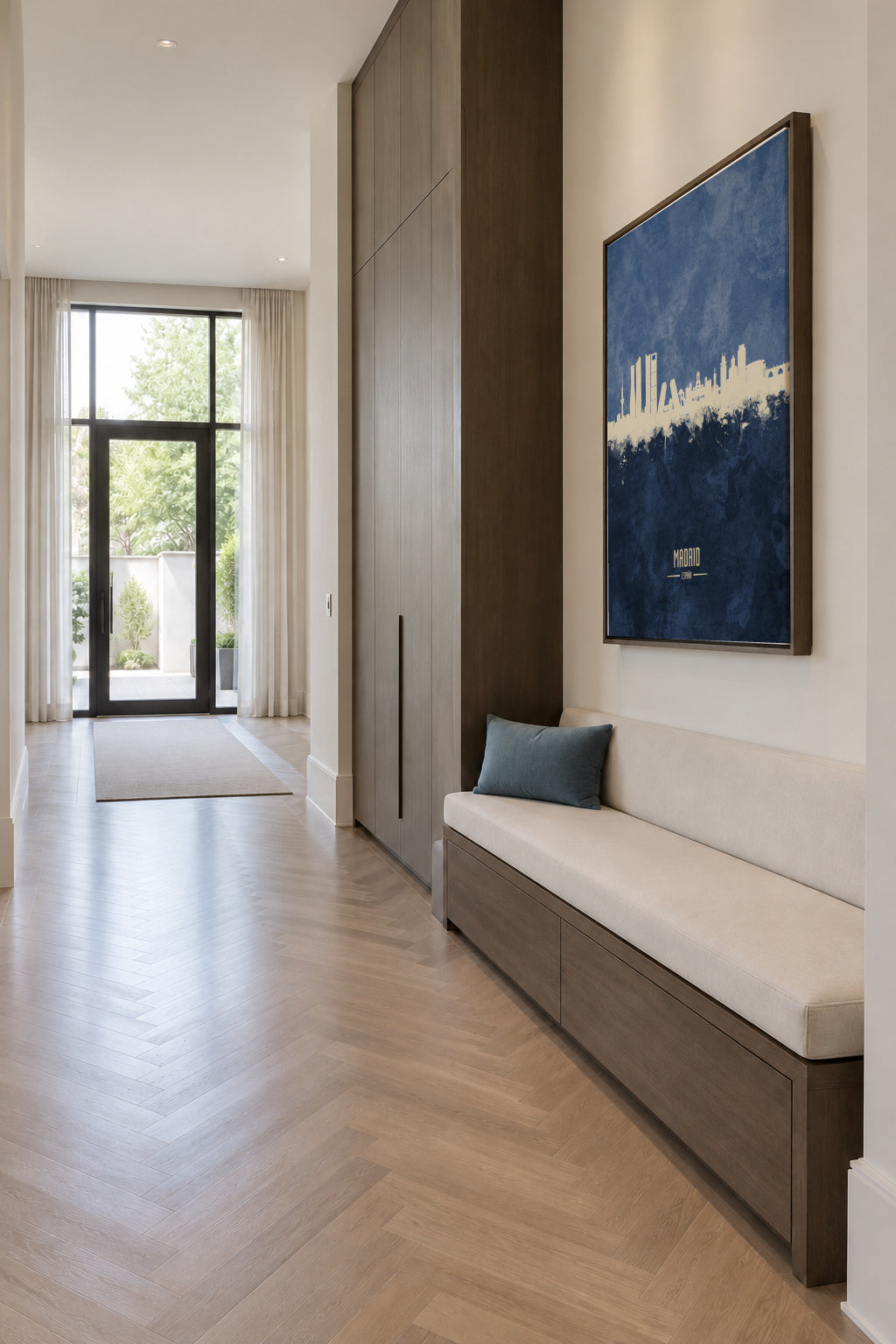 Madrid Skyline Azul - Framed canvas in an interior