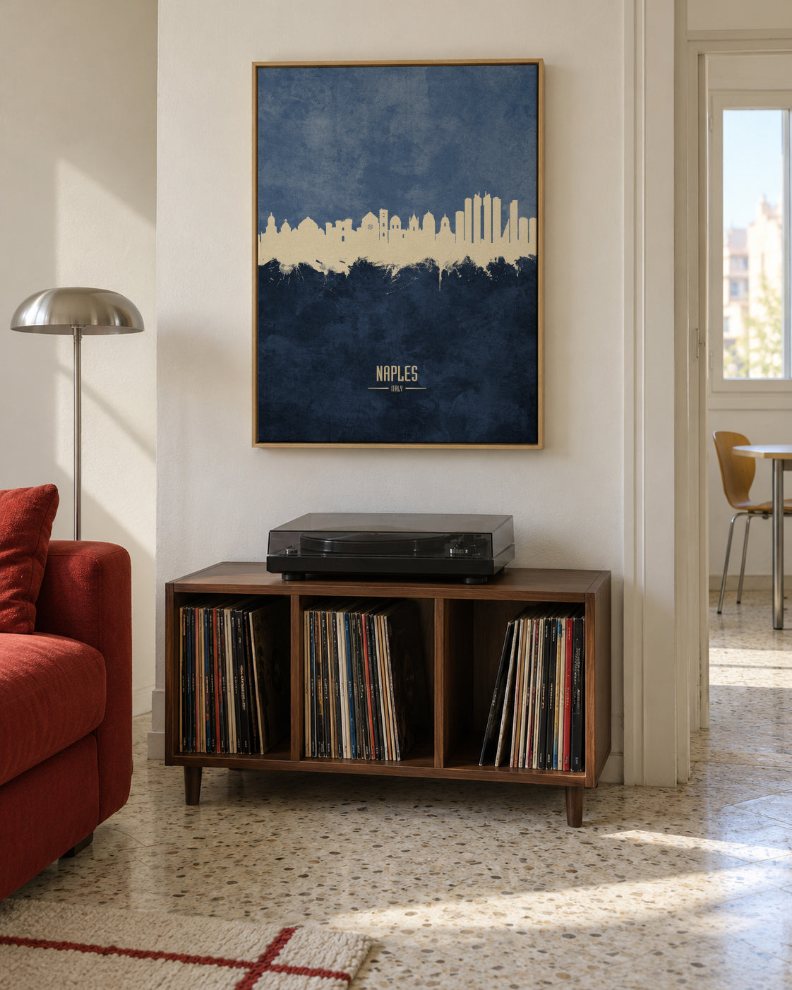 Naples Skyline Azul - Framed canvas in an interior