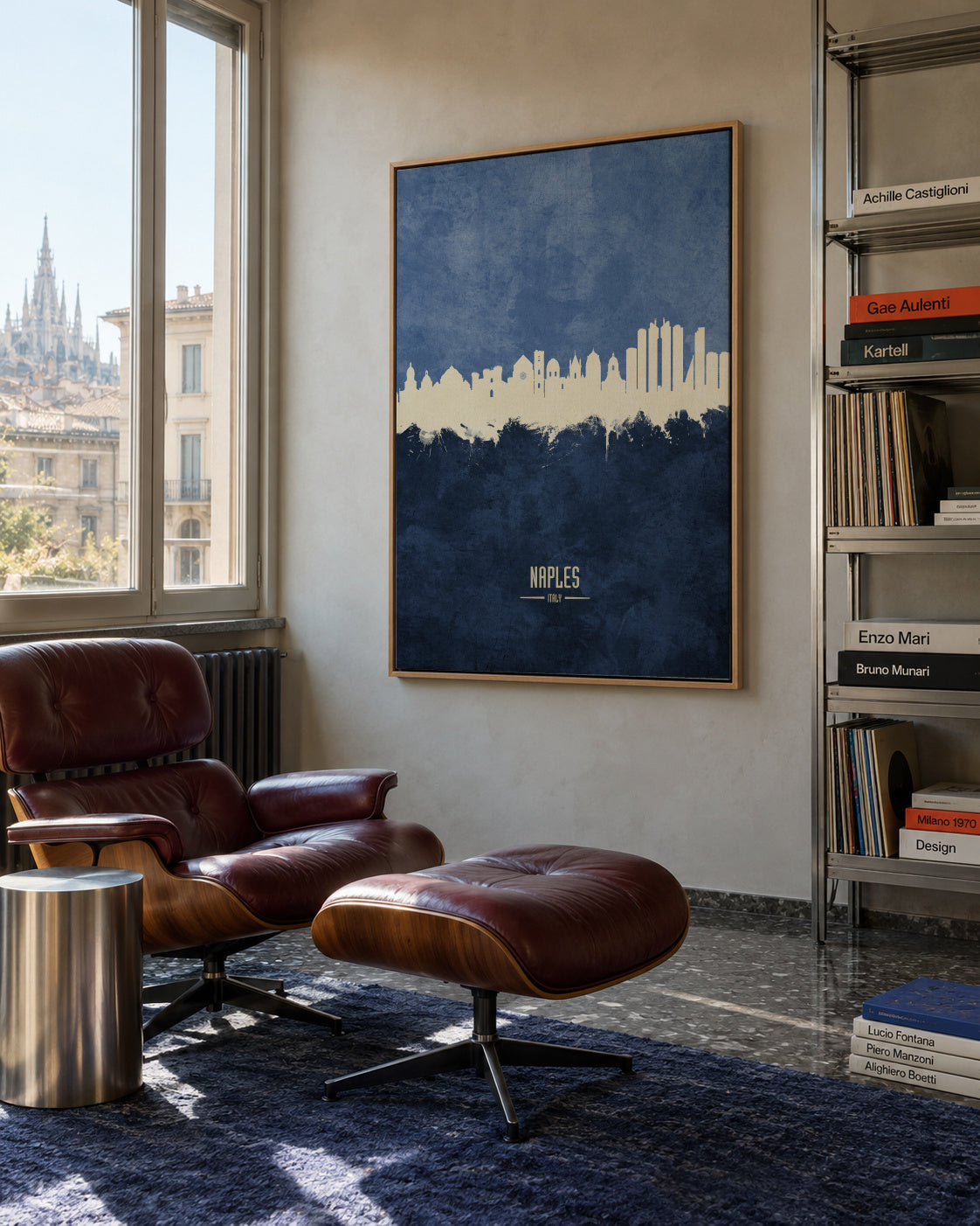 Naples Skyline Azul - Framed canvas in an interior