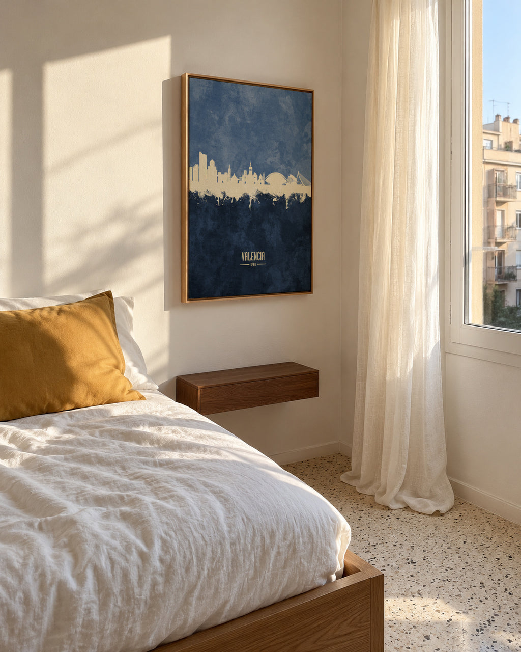 Valencia Skyline Azul - Framed canvas in an interior