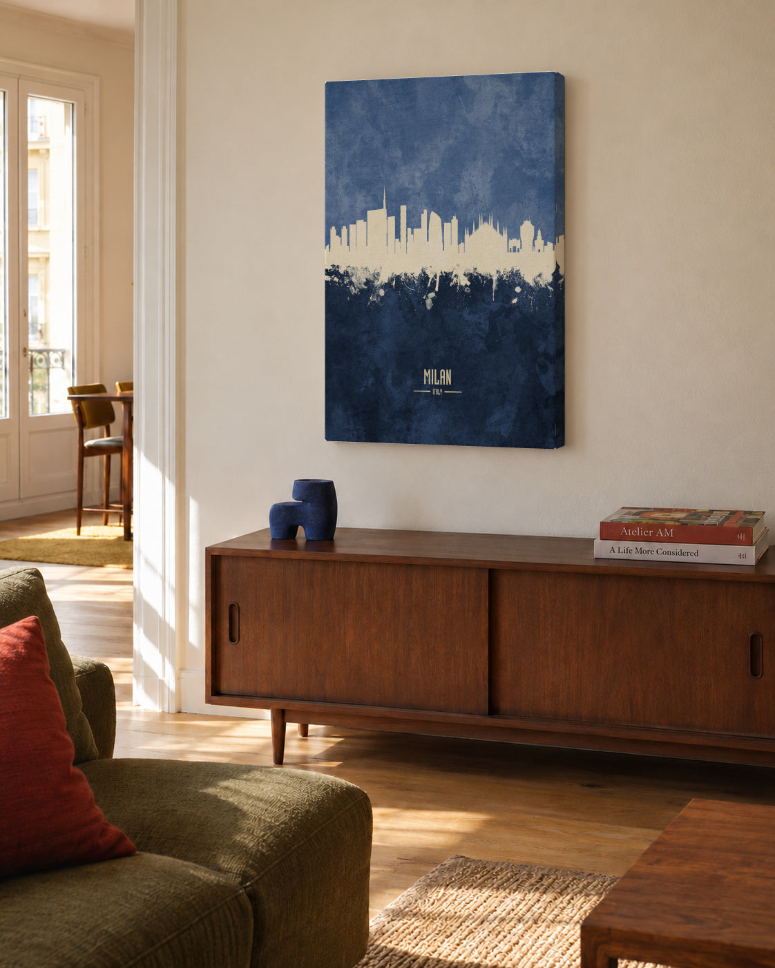 Milan Skyline Azul - Unframed canvas in an interior