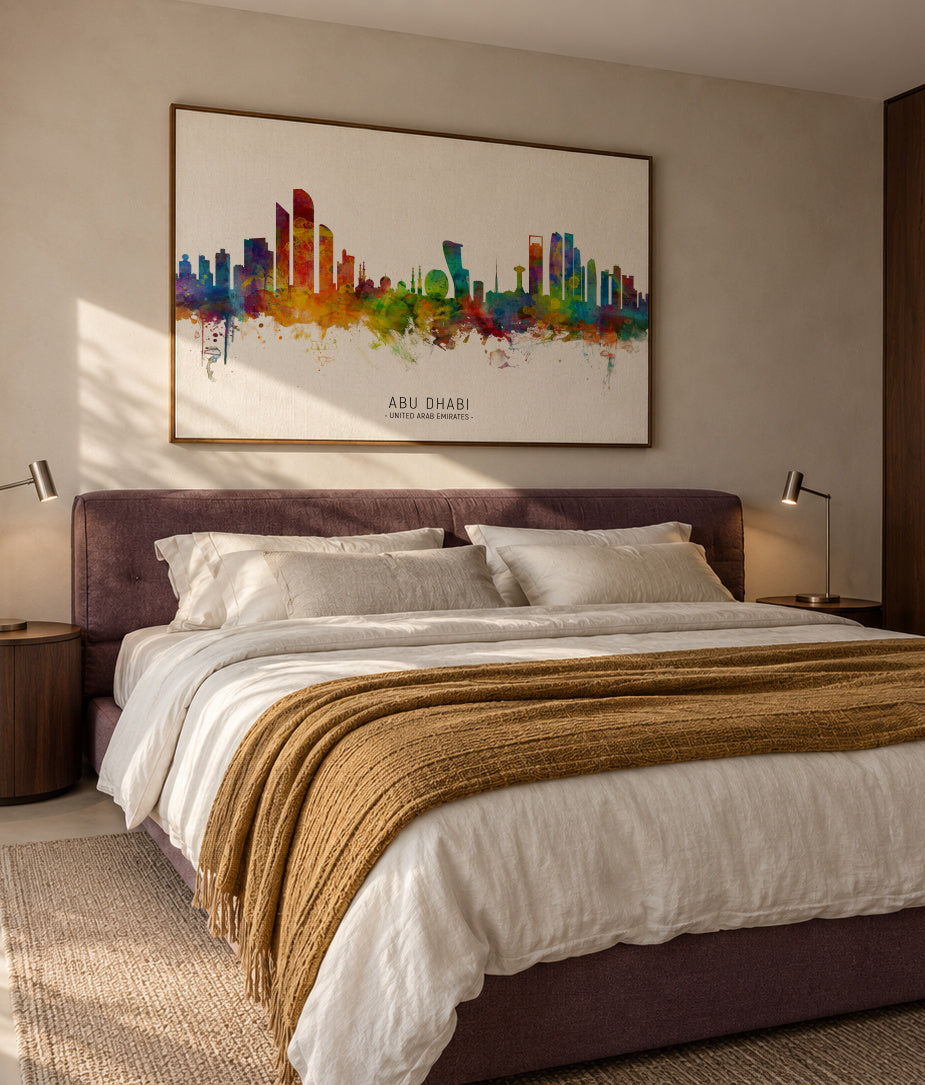 Abu Dhabi Skyline multicolor - Framed canvas in an interior