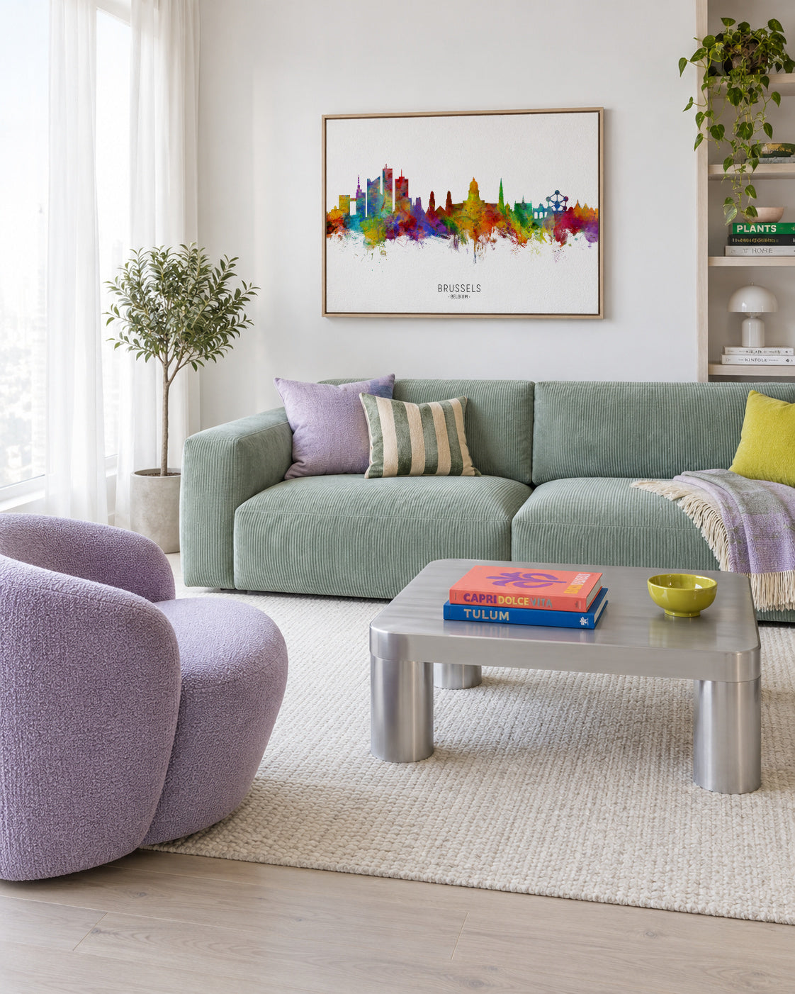 Brussels Skyline multicolor - Framed canvas in an interior