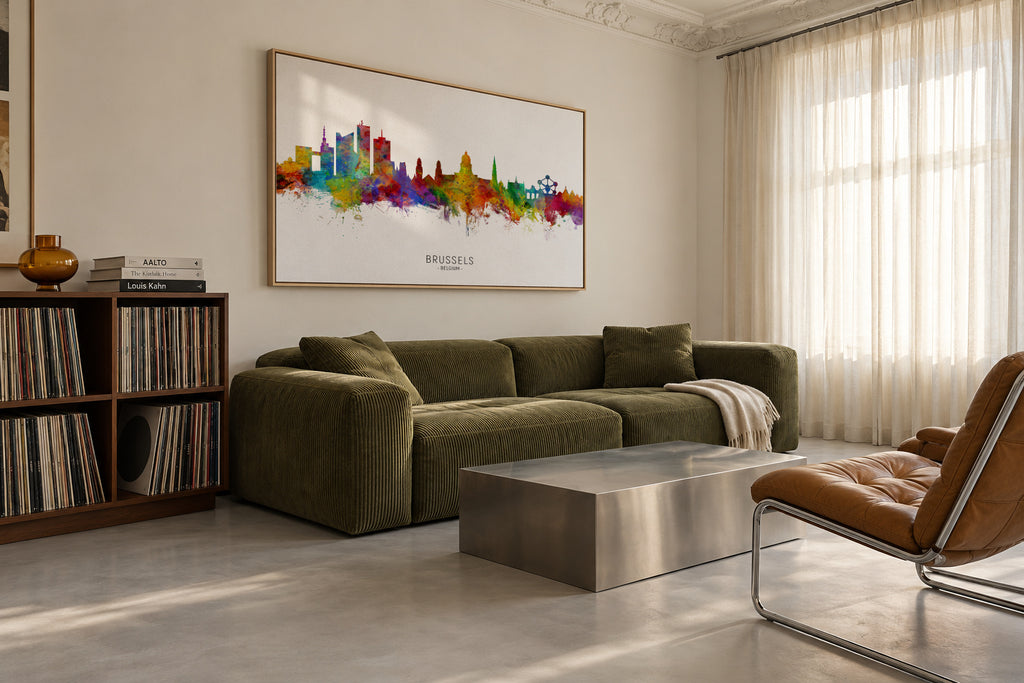 Brussels Skyline multicolor - Framed canvas in an interior
