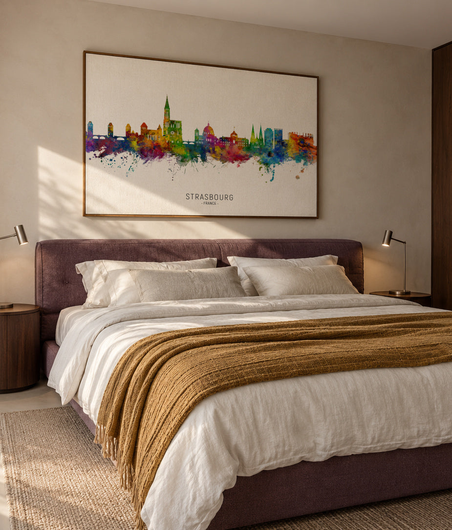 Strasbourg Skyline multicolor - Framed canvas in an interior