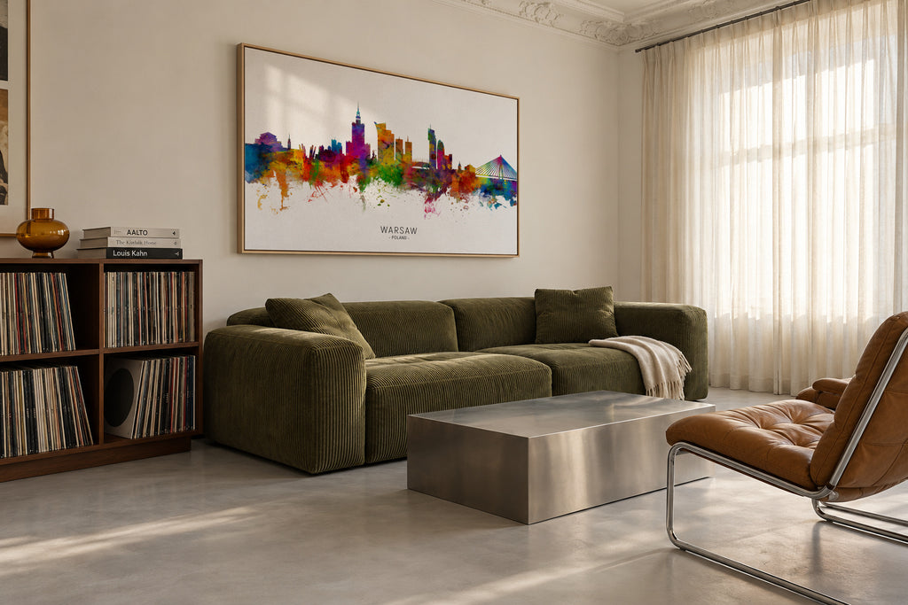 Warsaw Skyline multicolor - Framed canvas in an interior