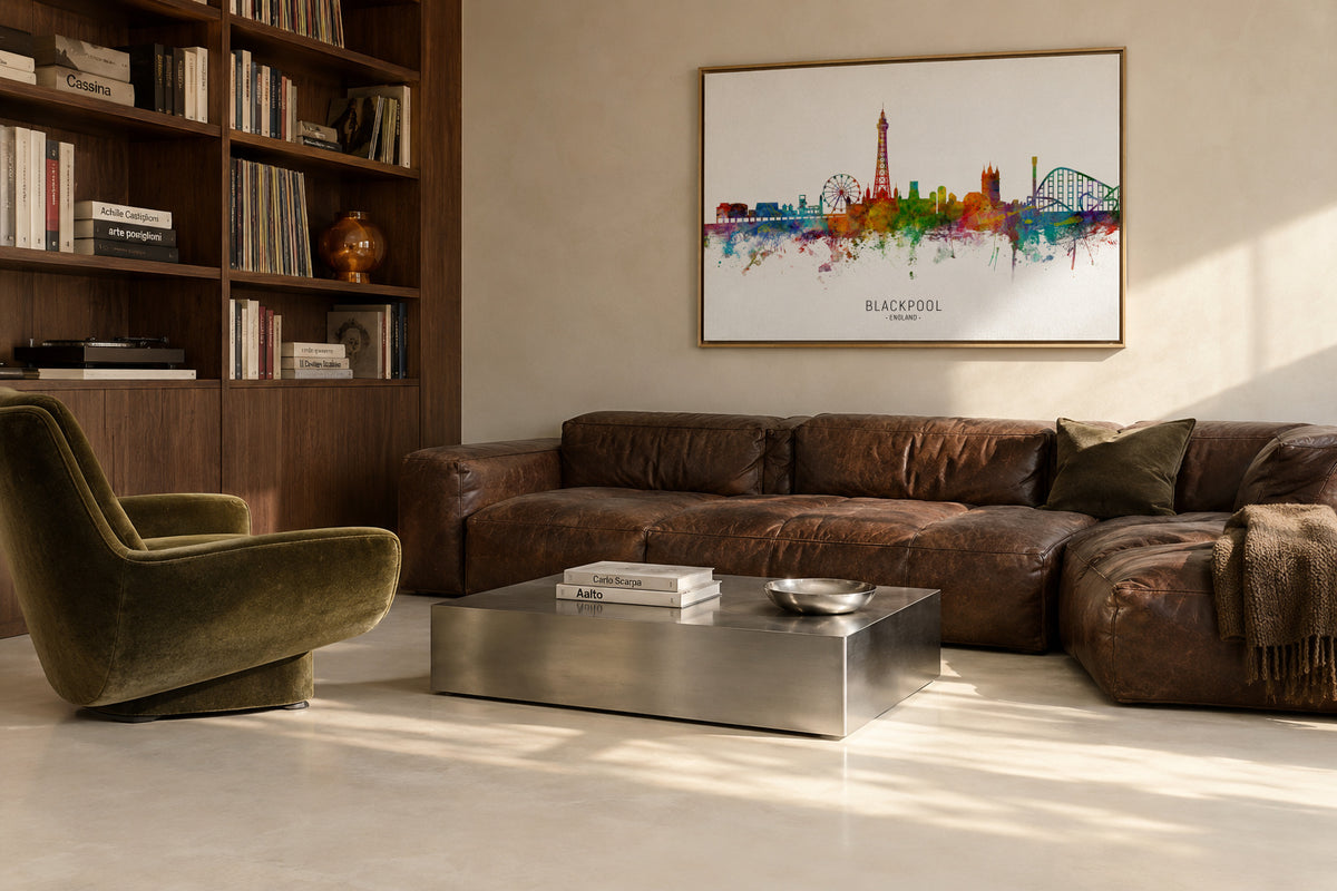 Blackpool Skyline multicolor - Framed canvas in an interior