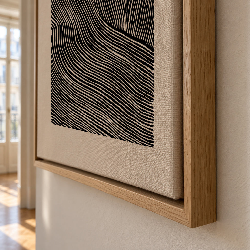 Stripes linocut Nº2 - Black and white - Framed canvas detail