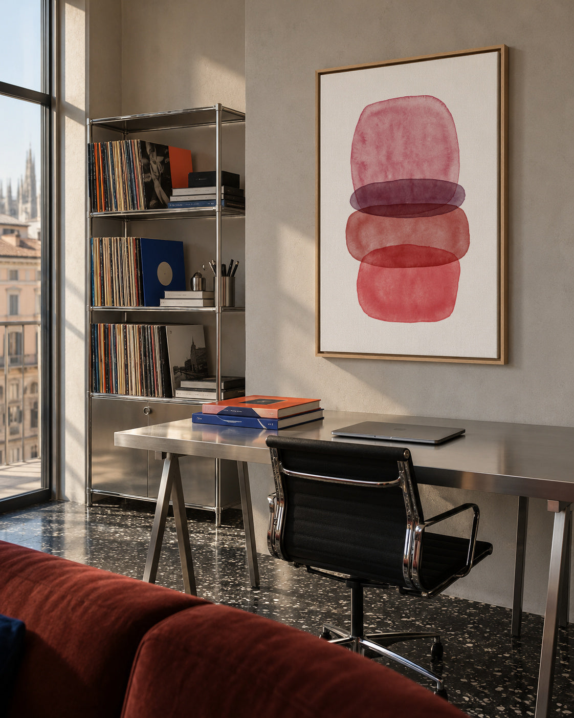 Maroon abstractions - Framed canvas in an interior