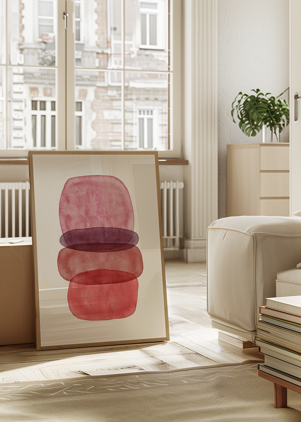 Maroon abstractions - Framed poster in an interior