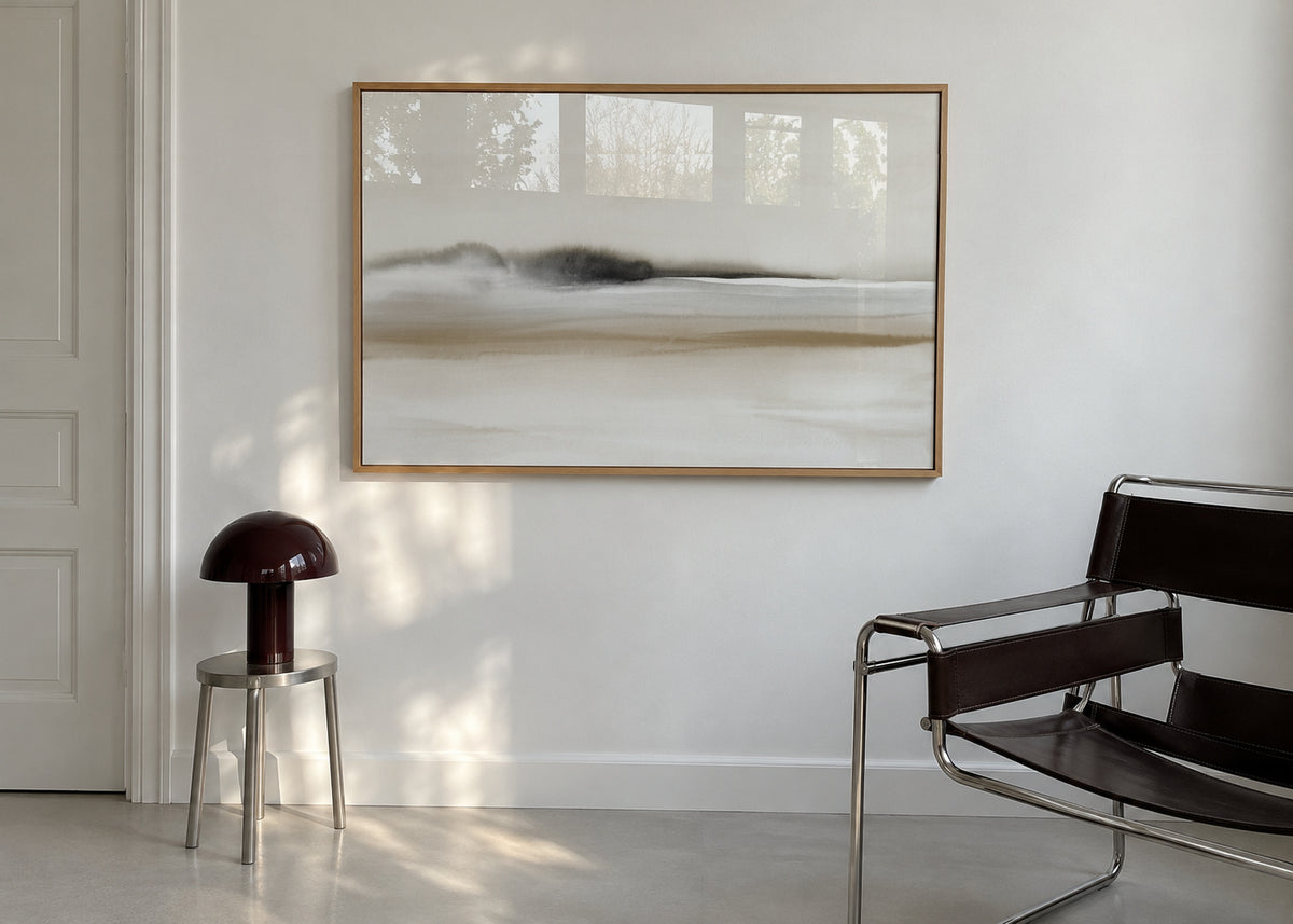 Hazy horizon in sepia and black watercolor - Framed poster in an interior